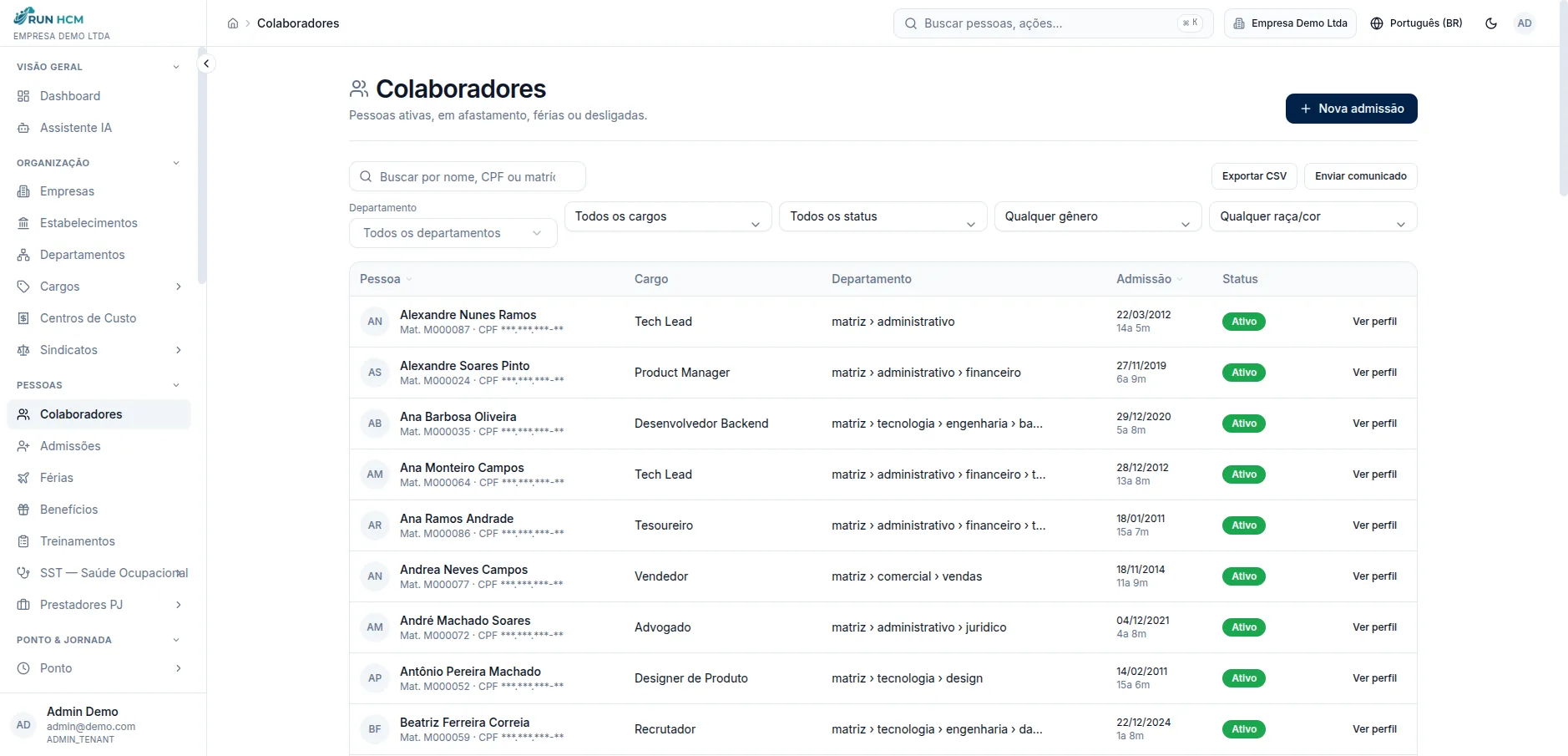 Lista de colaboradores com cargo, departamento, admissão e status