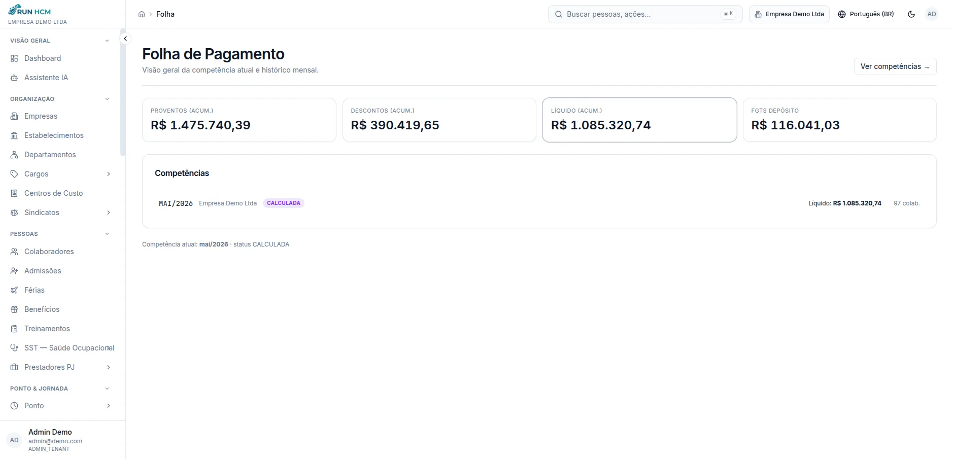Tela de folha de pagamento da RunHCM com proventos, descontos, líquido e FGTS