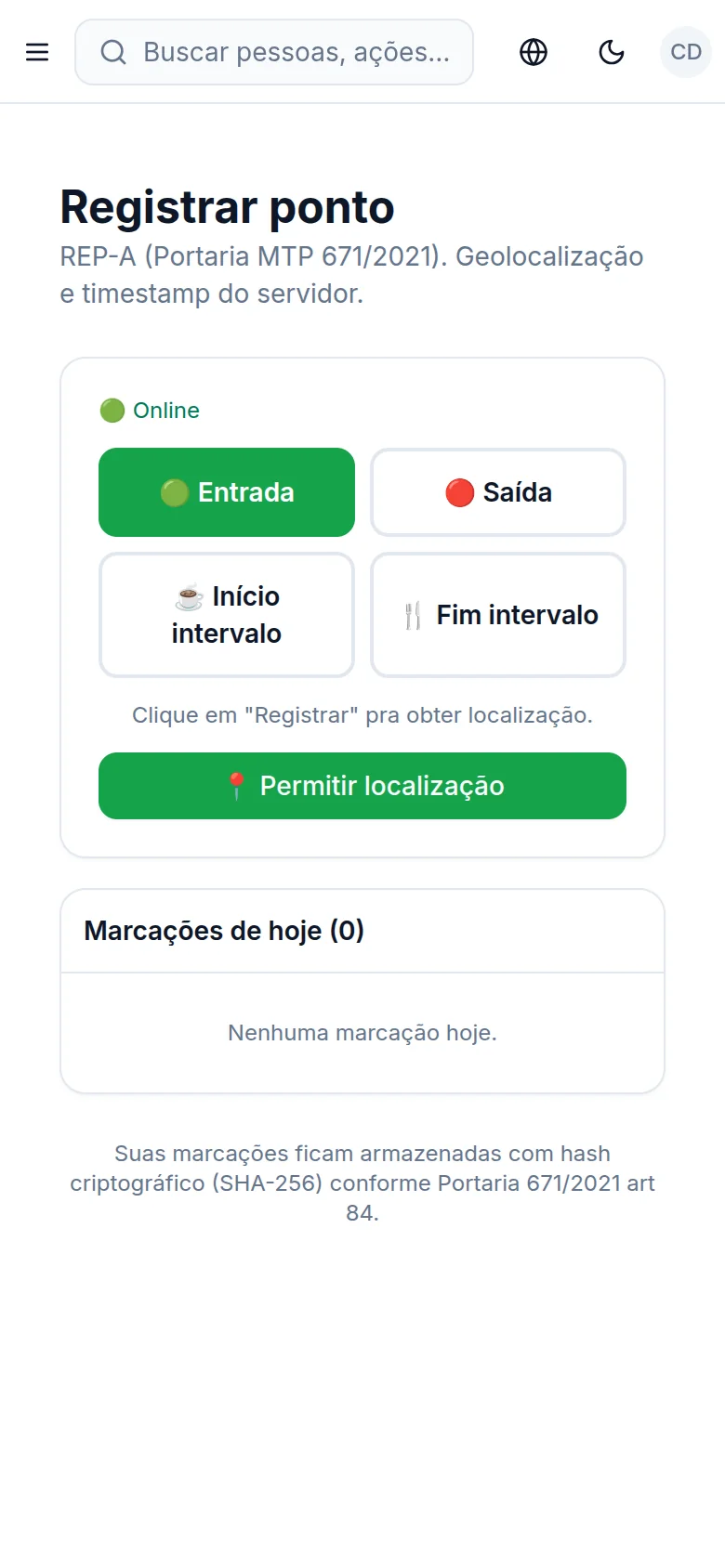 App RUN HCM no celular: registrar ponto com botões Entrada e Saída